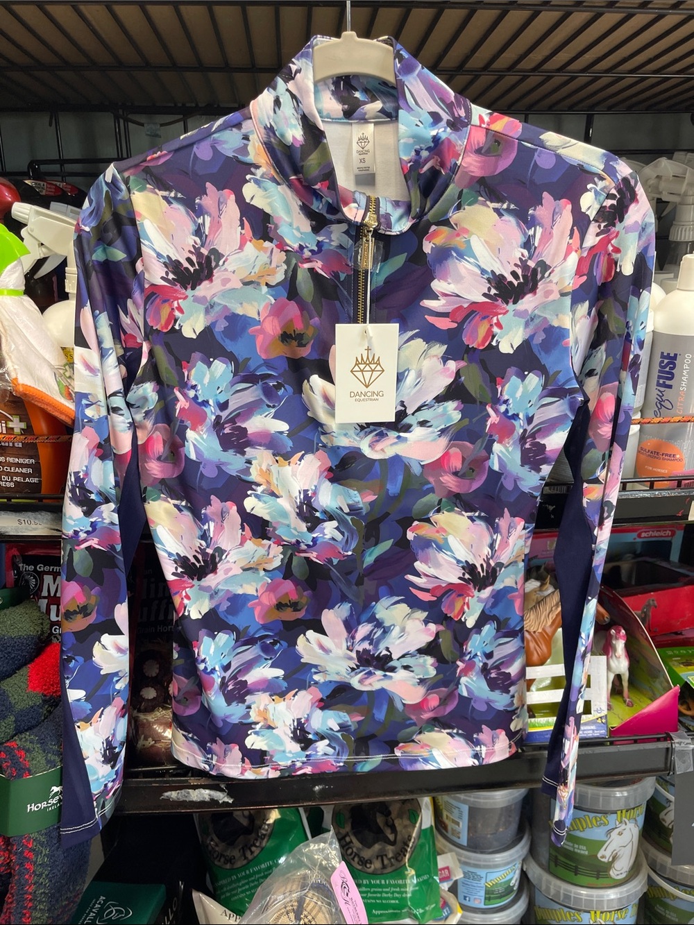 Dancing Equestrian Peonies Zip-Front Long Sleeve Top — Navy Multi